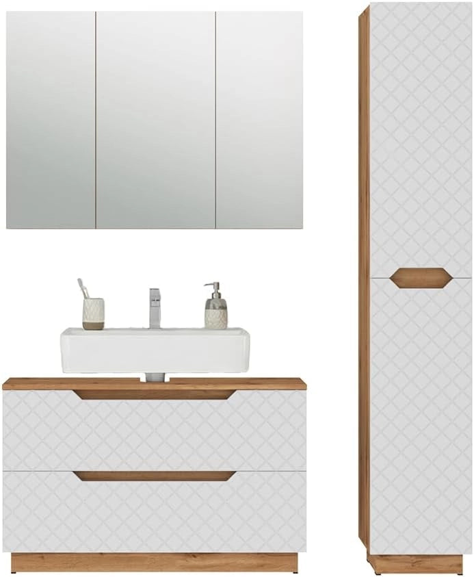 Set di mobili da bagno Lotta, Rovere/bianco con struttura in piastrelle, 3 parti