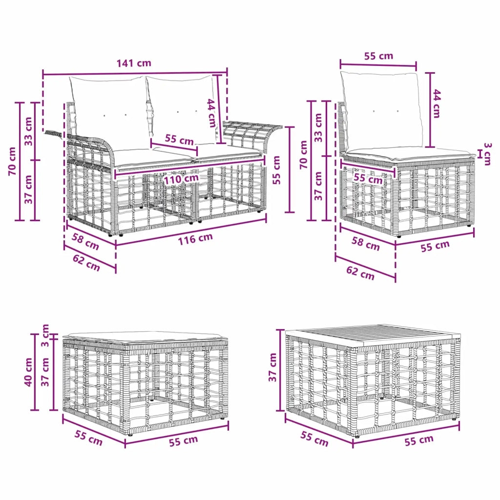 Set di divani da esterno 7 pcs Nero e Grigio scuro Poliestere