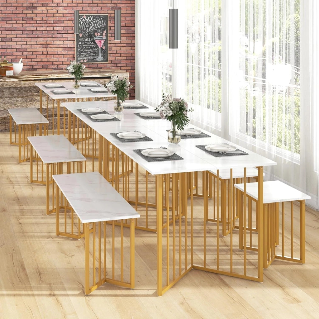 Tavolo da pranzo con panca e 2 sgabelli, tavolo da cucina con sedie, set da pranzo con gambe in metallo dorato, marmo artificiale, set da pranzo moderno per 4 persone