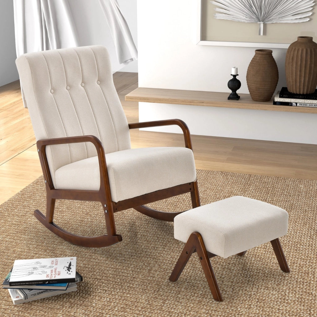 Poltrona a dondolo con poggiapiedi struttura in legno di gomma massello e cuscino imbottito, Set sedia a dondolo Beige-Sedie e poltrone