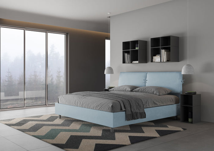 Letto Matrimoniale King Size 200x200 cm con Rete Testata con Cuscini Imbottito in Microfibra Mados Azzurro