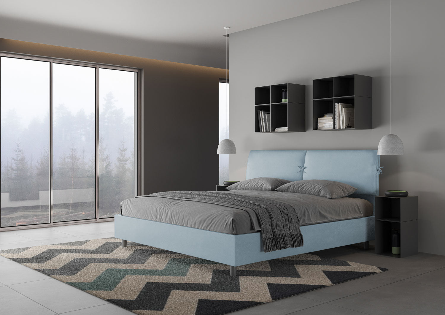 Letto Matrimoniale King Size 200x210 cm con Rete e Contenitore Testata con Cuscini Imbottito in Microfibra Mados Azzurro