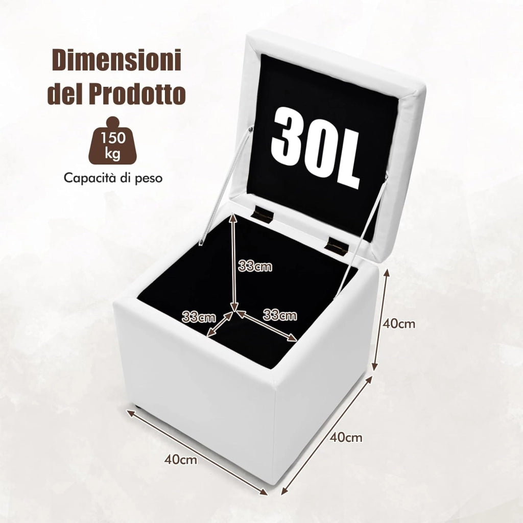 Pouf Contenitore Quadrato, Cubo Poggiapiedi di 30 L, Carico Max. 150 kg, 40 x 40 x 40 cm (Bianco)