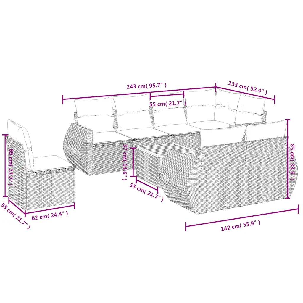 Set Divani da Giardino 9 pz con Cuscini Grigio in Polyrattan 3225102