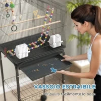 Gabbia per Uccelli con Piedistallo, Ruote Girevoli, Ripiano e Accessori, 46x36x120 cm, Nero