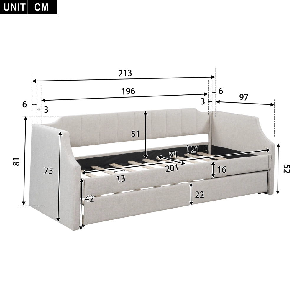 LETTO Singolo imbottito 90x200 cm con letto estraibile Beige