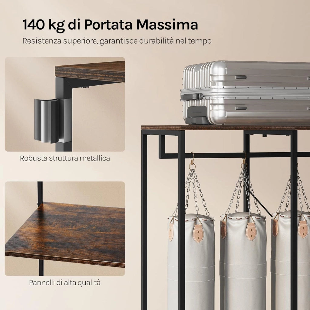 Porta Abiti in MDF e Acciaio, Appendiabiti con Scaffali, Attaccapanni Moderno, Guardaroba Armadio Nero 90x40x204,5 cm