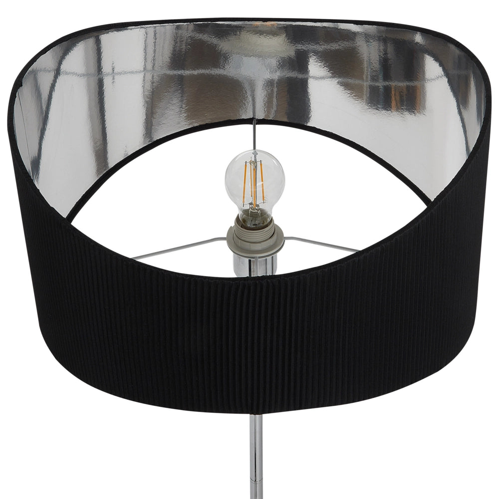 Lampada da terra in metallo con paralume in finta seta argento e nero stile moderno contemporaneo