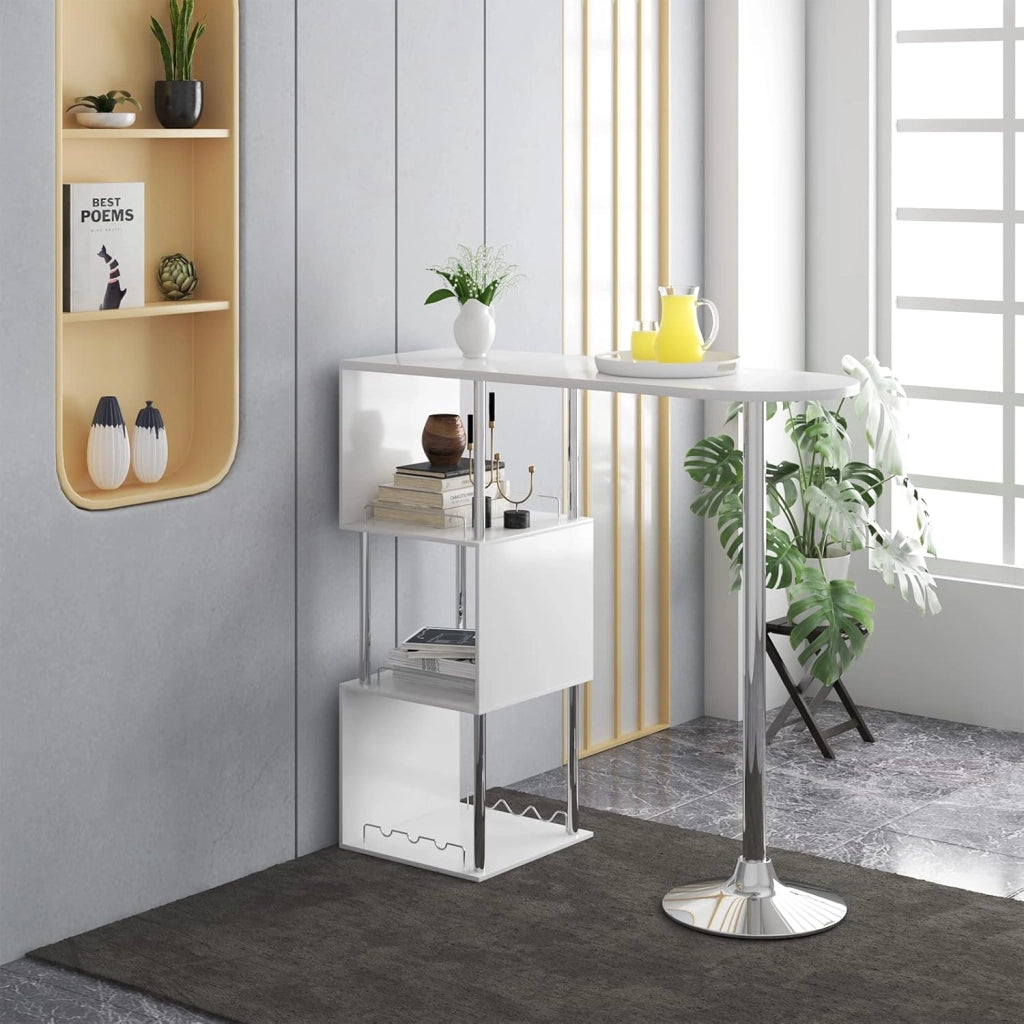 Tavolo da Bar con 3 Ripiani con Portabottiglie Vino, Bancone per Cucina in Metallo & MDF, Tavolo Alto per Home Bar, Cucina, 113 x 40 x 105 cm, Bianco