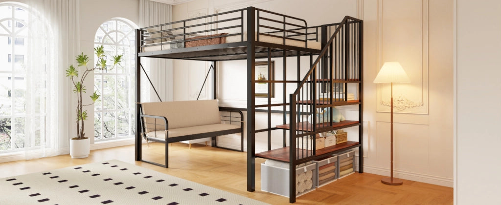 DESMIU Letto a castello 140 × 200 cm 3 posti con divano sfoderabile, scala contenitore, senza materasso, in metallo, nero