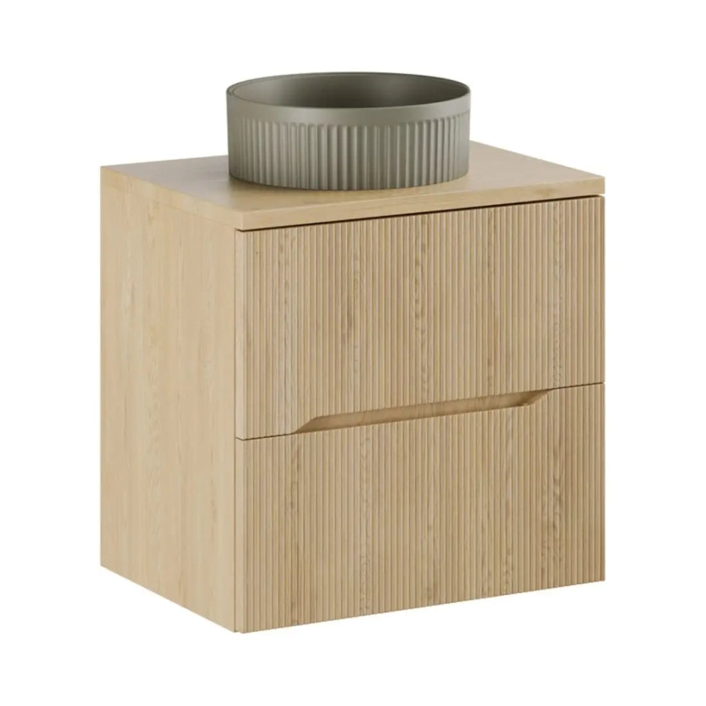 Set da bagno NATURA 60cm: mobile sotto lavabo + piano per lavabo + lavabo da appoggio rotondo verde kaki scanalato