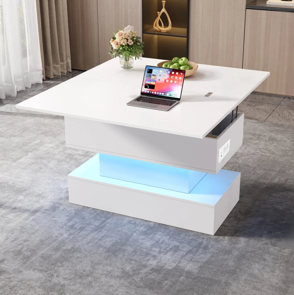 Tavolino da caffè bianco sollevabile 100×50 cm con LED, prese, USB-C e vano contenitore