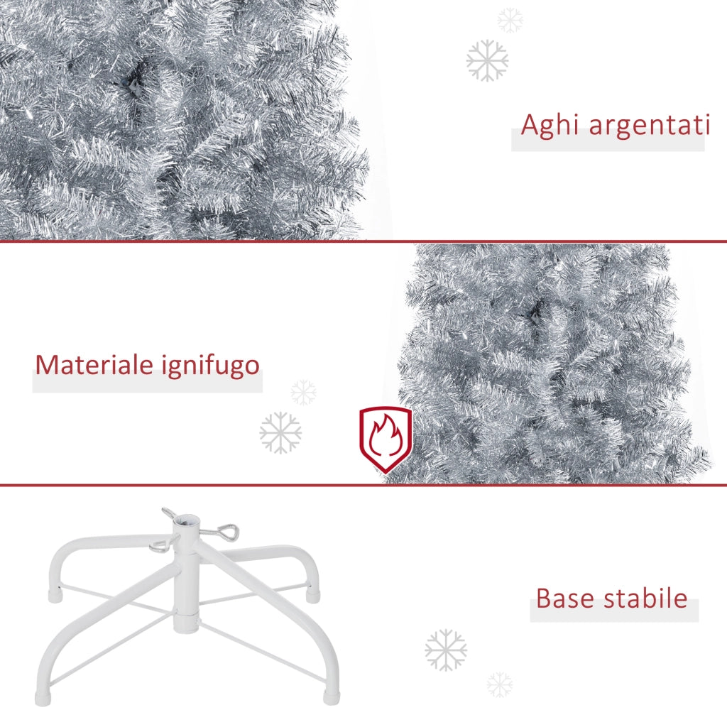 Easycomfort Albero di Natale Artificiale Alto 180cm con 618 Rami, Albero di Natale Slim con Base Rimovibile, in PET e Acciaio, Argento