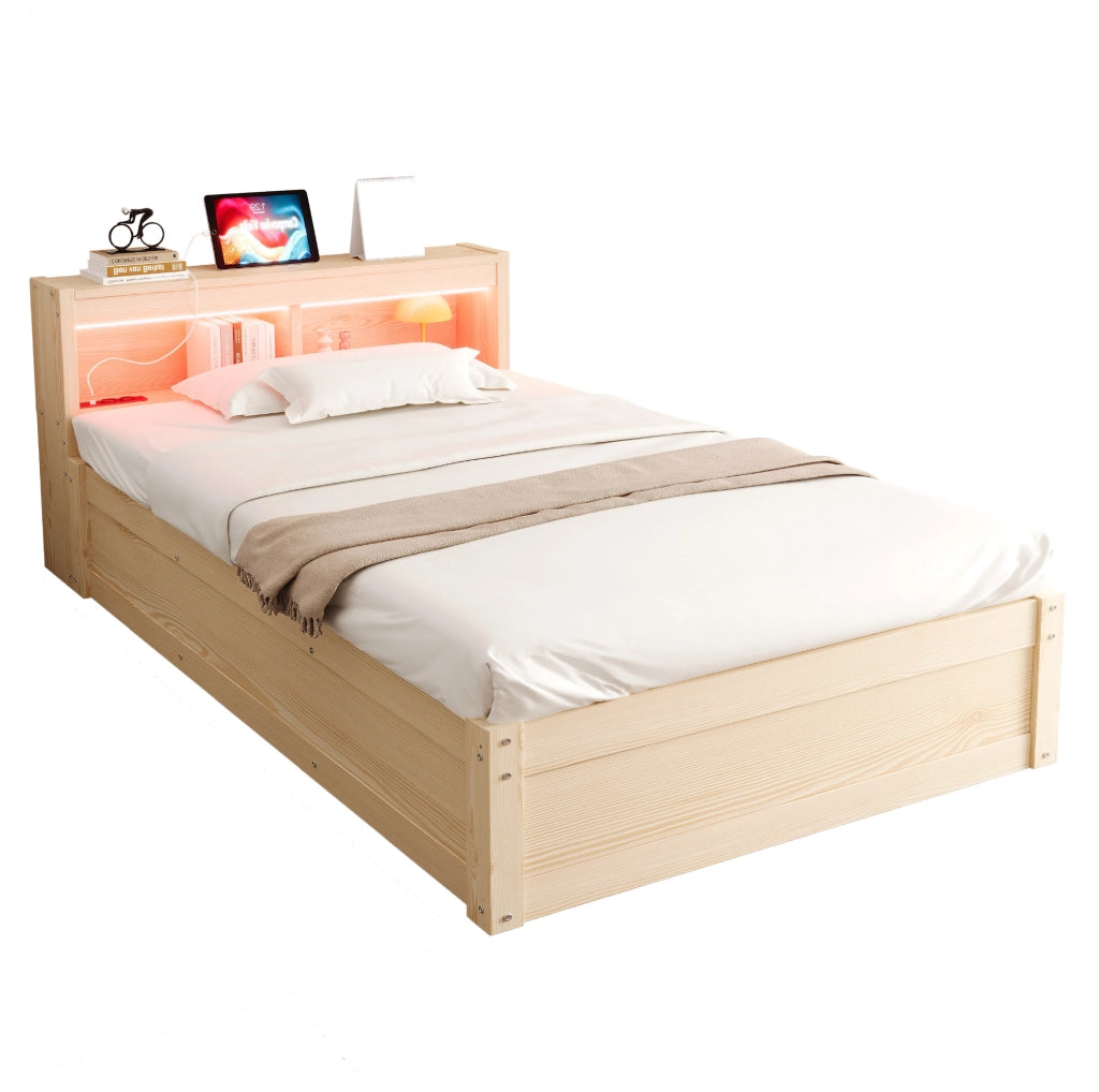 Letto multifunzione 90x200 cm con presa integrata; LED e contenitore idraulico; colore legno