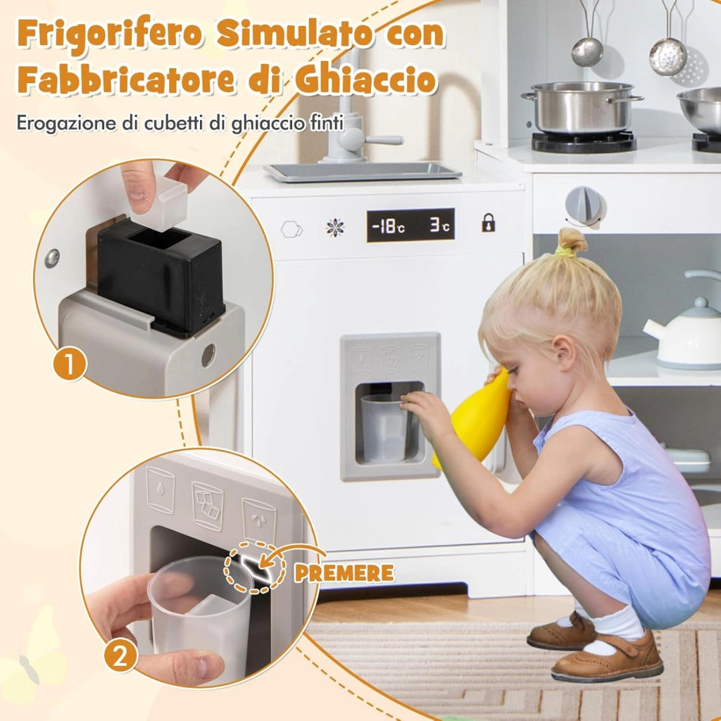 Cucina Giocattolo per Bambini, Cucina Legno per Bambini Con Forno, Microonde, Macchina del Ghiaccio, Macchina per Caffè, Lavello e Rubinetto, Con Suoni e Luci, per Bambini 3+ Anni (Bianco)