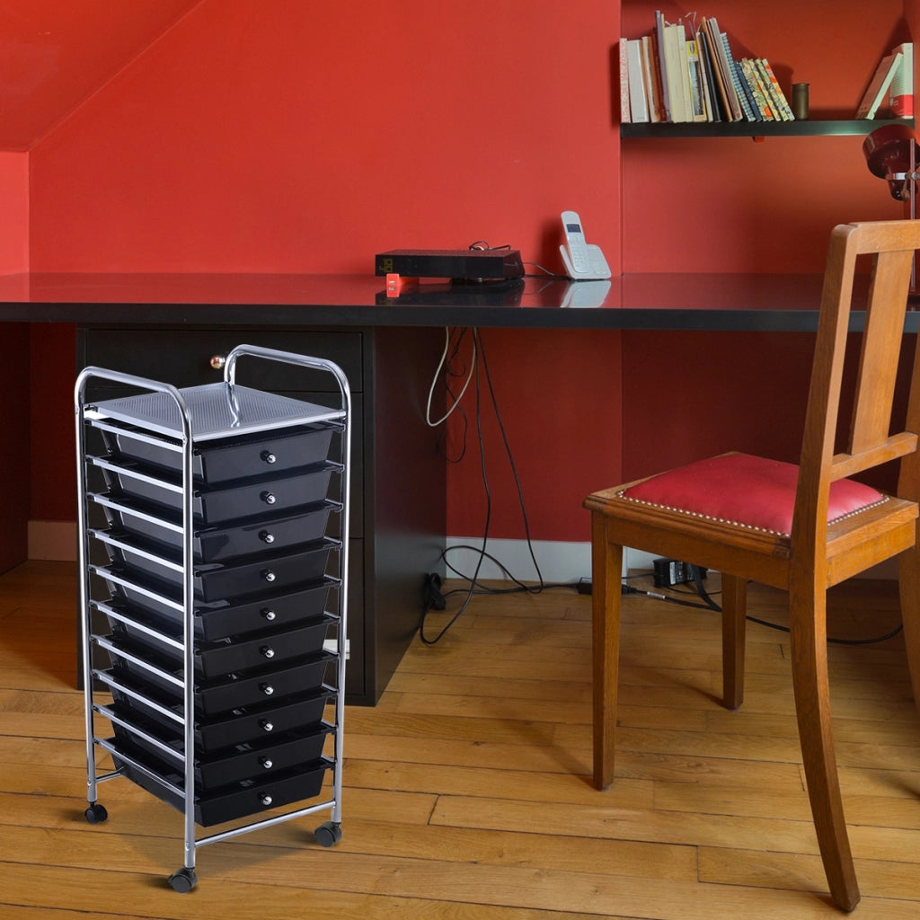 Carrello cassettiera multiuso con 10 cassetti da cucina-Scaffale  Contenitore con ruote a 10 ripiani per bagno Nero