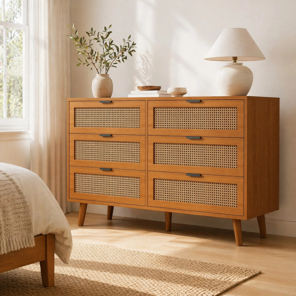 ?????ino a 6 cassetti in stile retrò con effetto rattan; 120 x 40 x 76;5 cm; noce