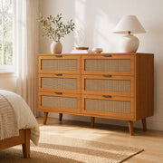 ?????ino a 6 cassetti in stile retrò con effetto rattan; 120 x 40 x 76;5 cm; noce