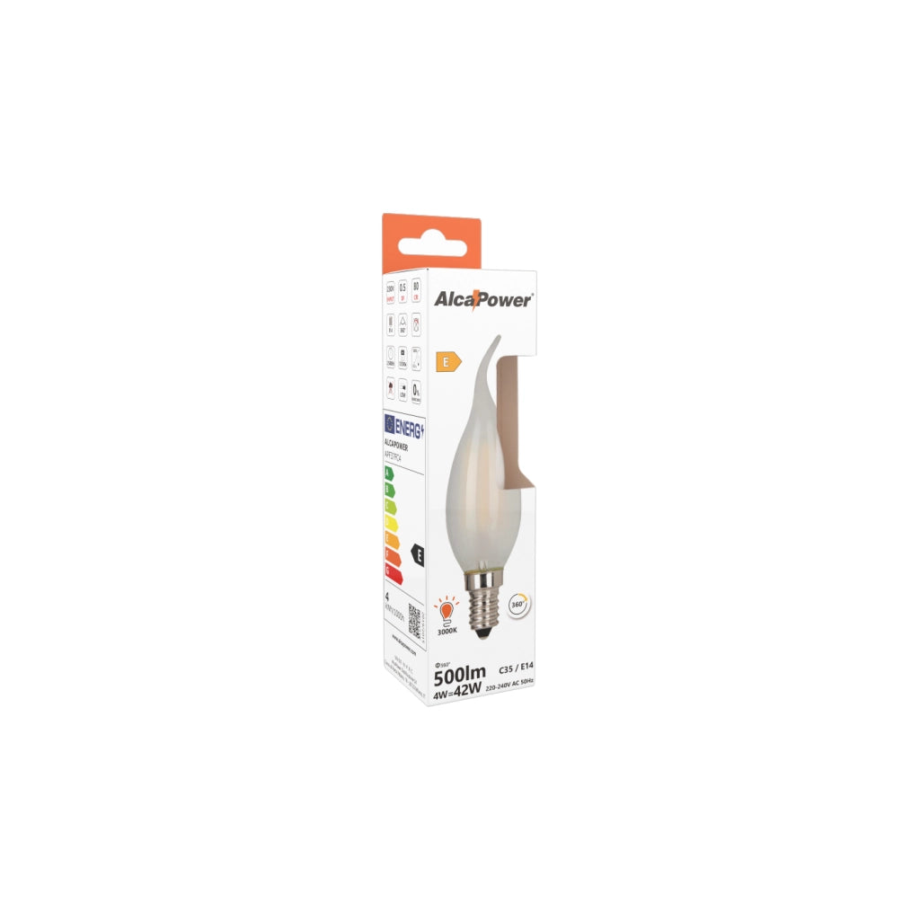 Alcapower Lampada LED Fiamma C37 Vetro Frost E14 4W 500lm 3000K Luce Calda 230V con Tecnologia a Basso Consumo Energetico ed Alta Durata