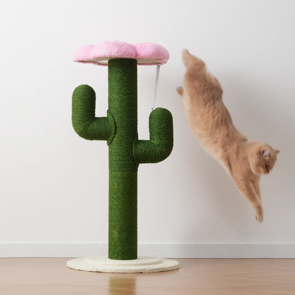 Albero tiragraffi per gatti a forma di cactus, 90 cm, con pali in sisal da 10 cm e protezione antiribaltamento, verde