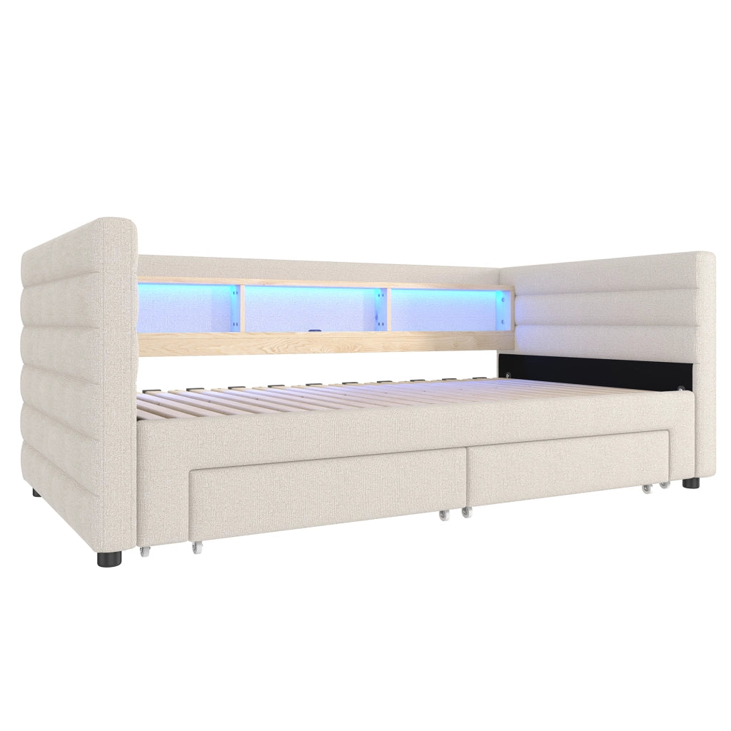 Divano letto estraibile 90x190 cm con LED, USB e USB-C in velluto beige