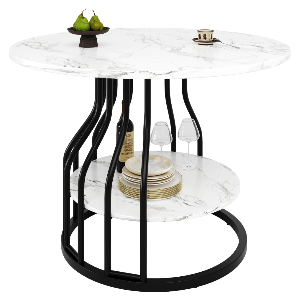 Tavolo da pranzo rotondo con piano in MDF effetto marmo e vano contenitore per soggiorno e cucina nero 80 × 80 × 76 cm