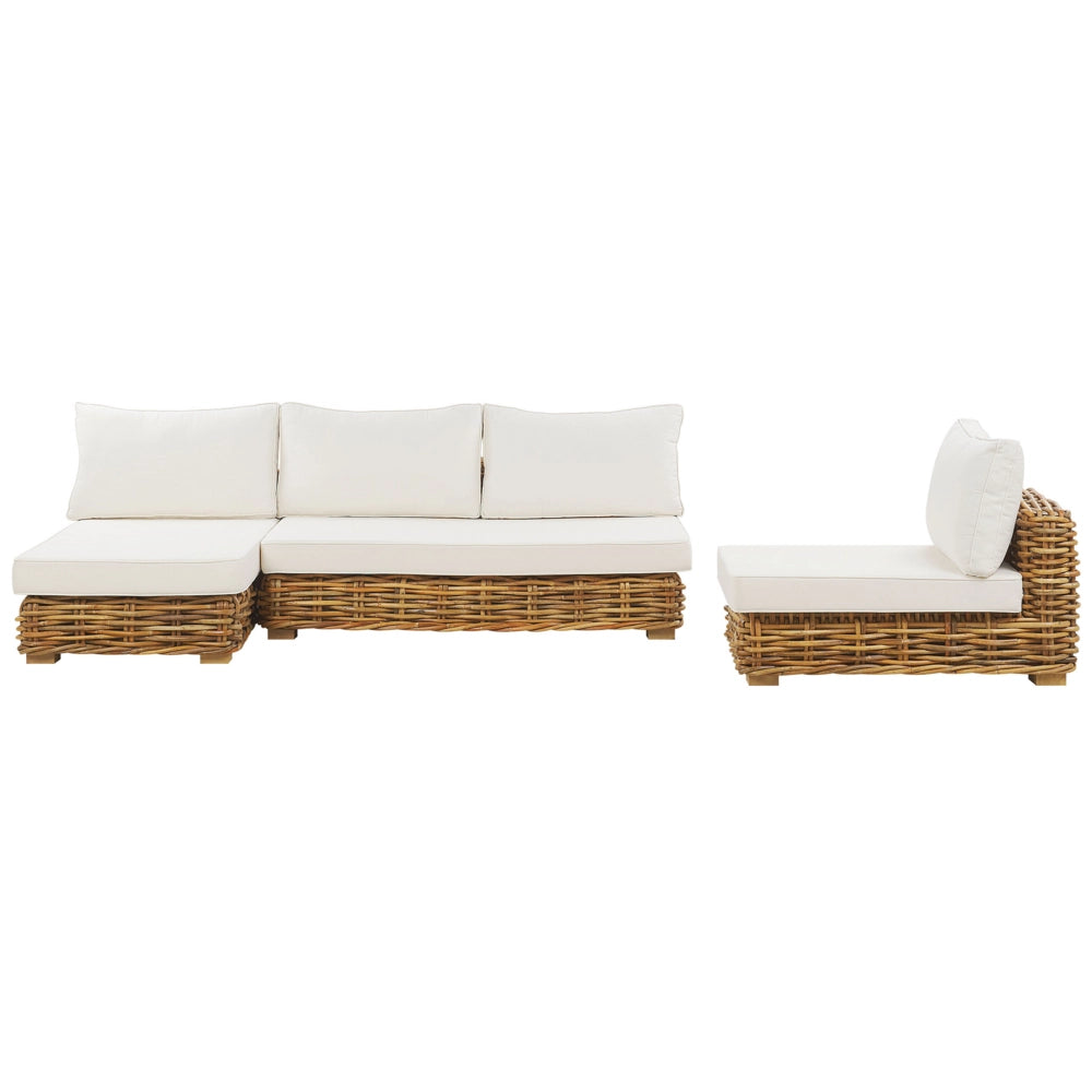 Set di conversazione da giardino cuscini bianchi in rattan marrone divano da esterno con tavolino destro