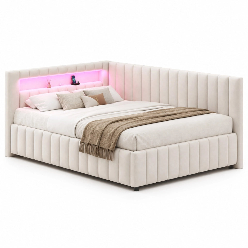 Letto imbottito 140x200 con LED e USB in velluto beige