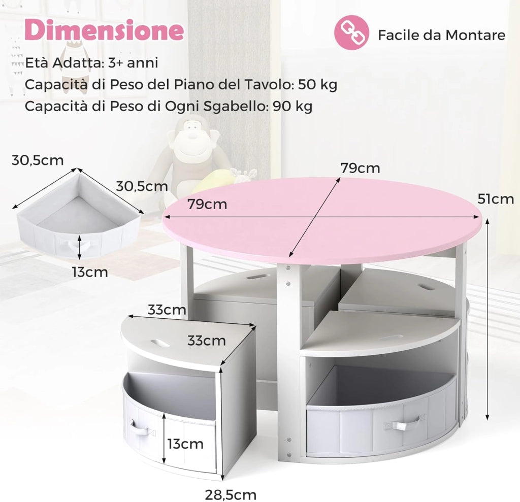 Set Tavolo e Sedie per Bambini a 5 Pezzi, Tavolino Rotondo Salvaspazio con 4 Sgabelli, Ripiano e 4 Cassetti in Tessuto, Set Mobili per Cameretta, Asilo e Disegnare (Rosa)