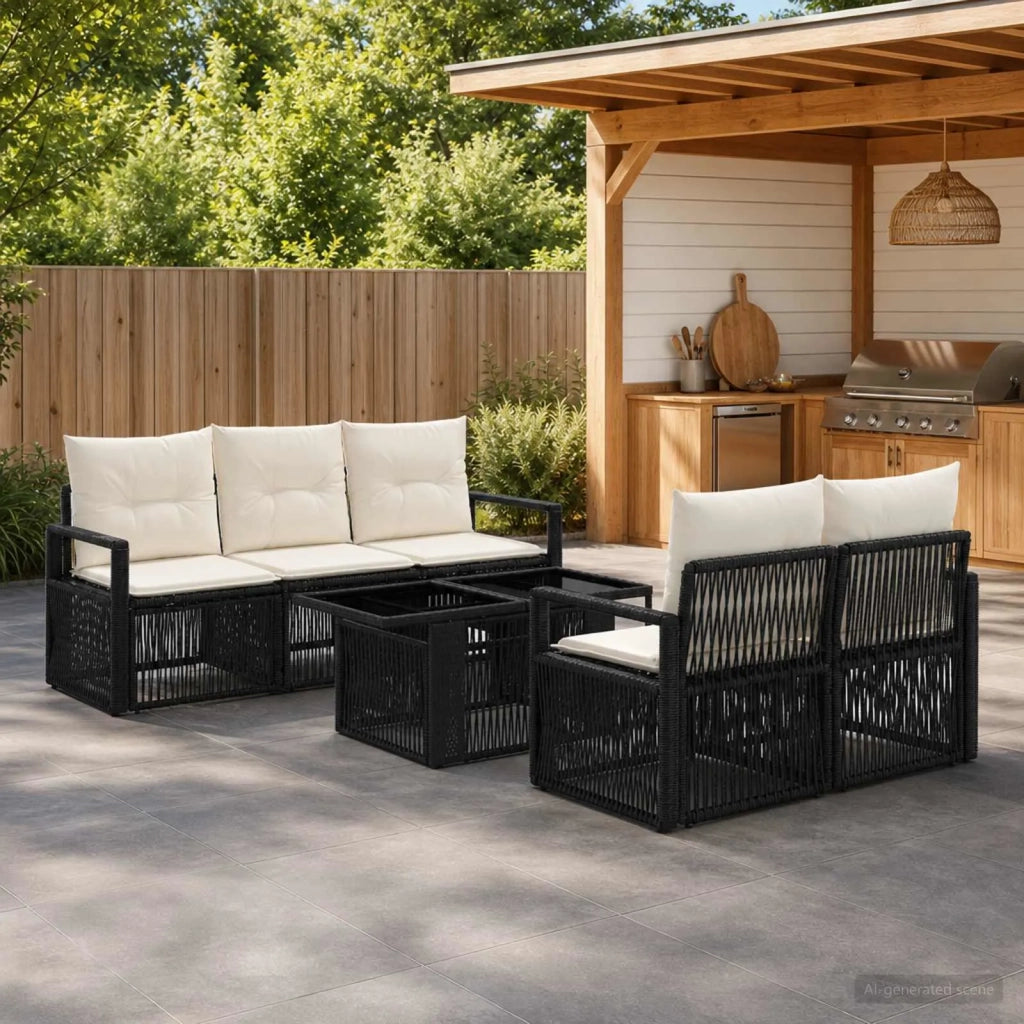 Set Divano da Giardino 6 pz Nero e Bianco Crema polyrattan 3437050