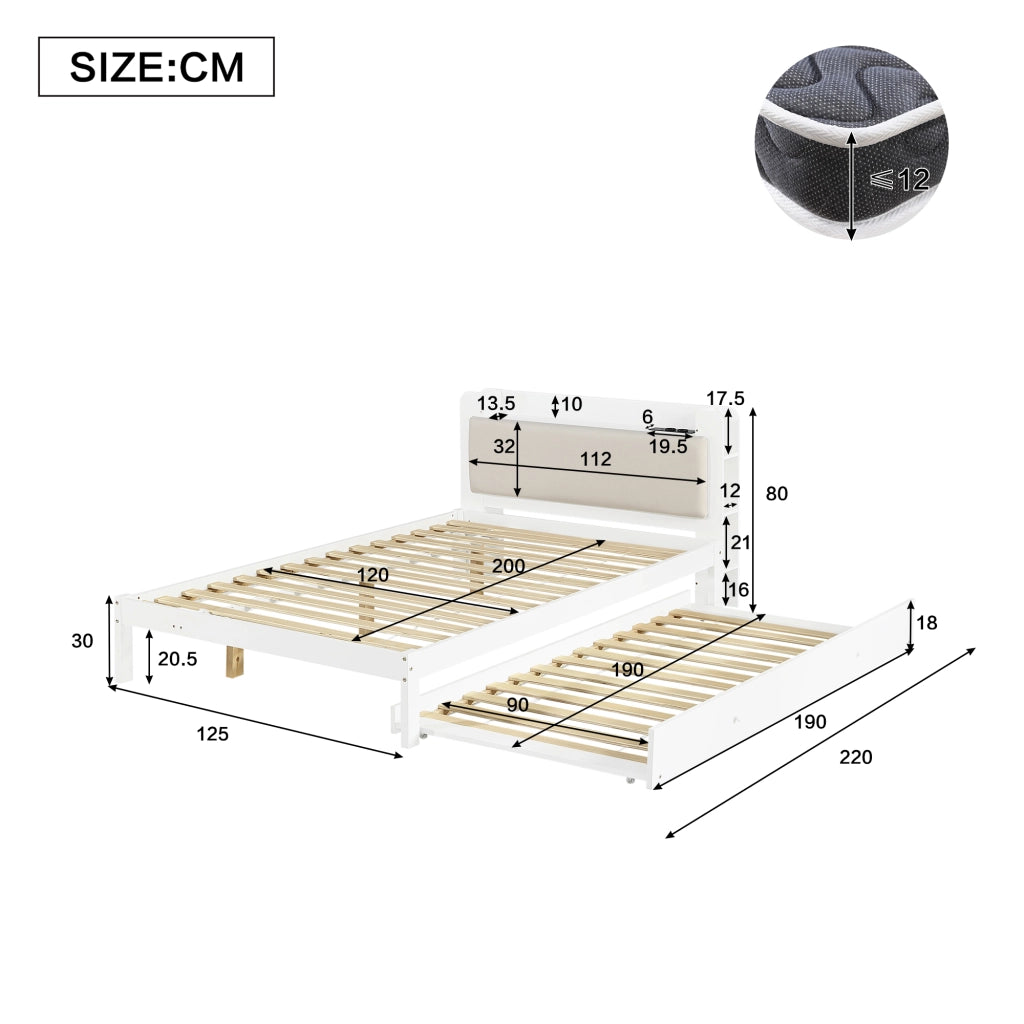 Letto Estraibile 120x200 cm; Letto 2 Posti con Stazione di Ricarica e Mensole - Bianco