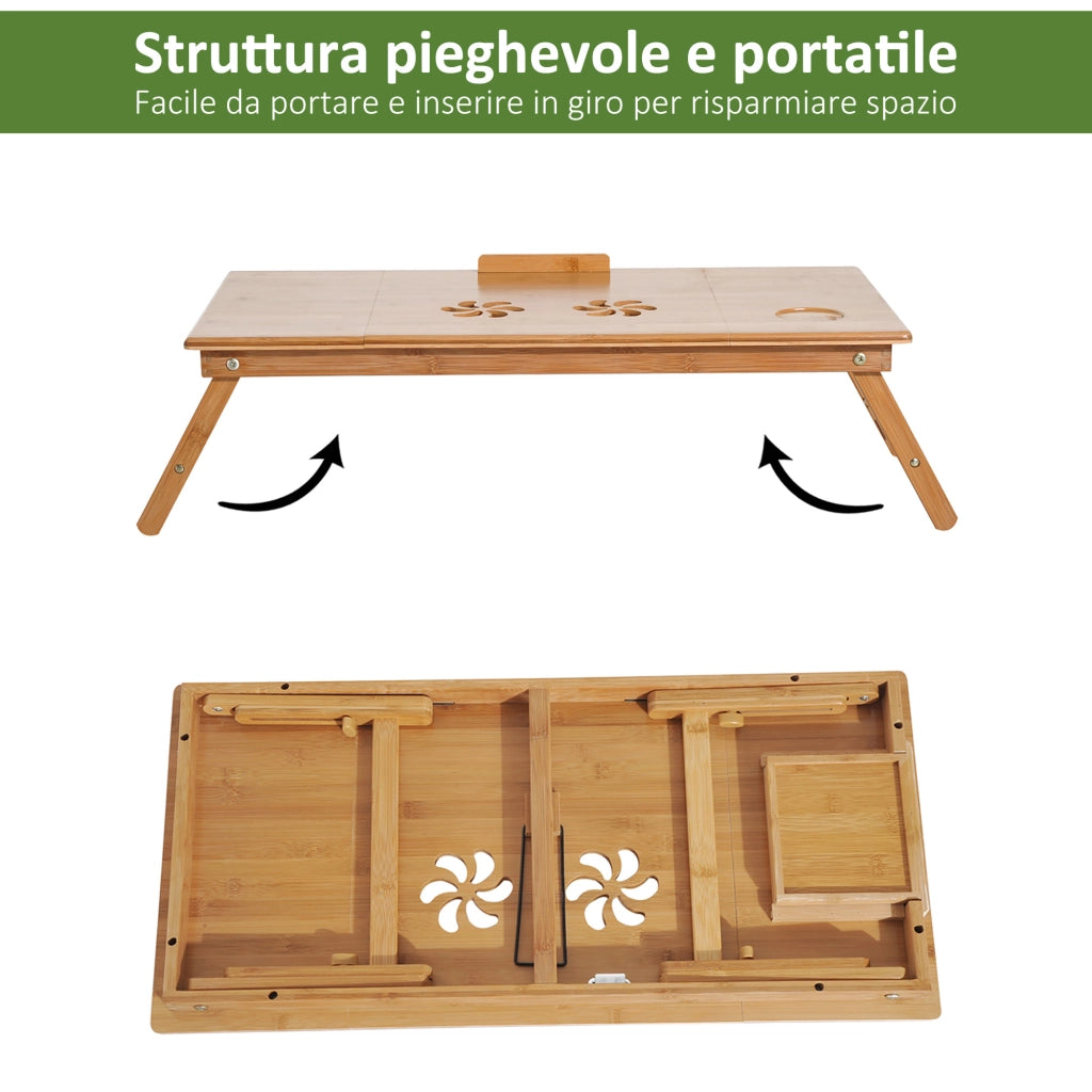 Tavolino da Letto per PC Pieghevole e Inclinabile con Cassetto. 72x35x22-30. Colore Legno