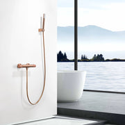 IMEX Miscelatore vasca-doccia termostatico in ottone e zama con finitura PVD oro rosa spazzolato maniglia tonda in ottone tubo flessibile PVC supporto ABS portata 12 l-min cartuccia TURN CLEAN SY
