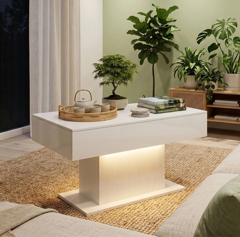 Tavolino da caffè con LED RGB e 2 cassetti, bianco lucido