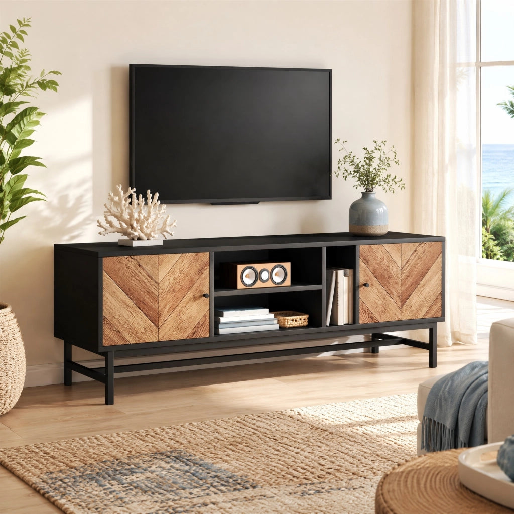 Mobile porta TV 150 cm nero e effetto legno con 2 ante e ripiani