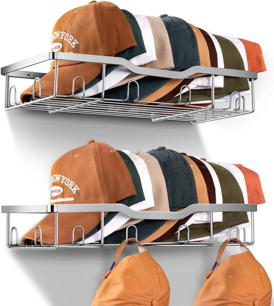 Hoedrek per muro per baseball pet e cappelli, capace di 48 cappelli, comprende 2 sacchi di stoccaggio robusti con chiusura a click per muro, colore argentato.