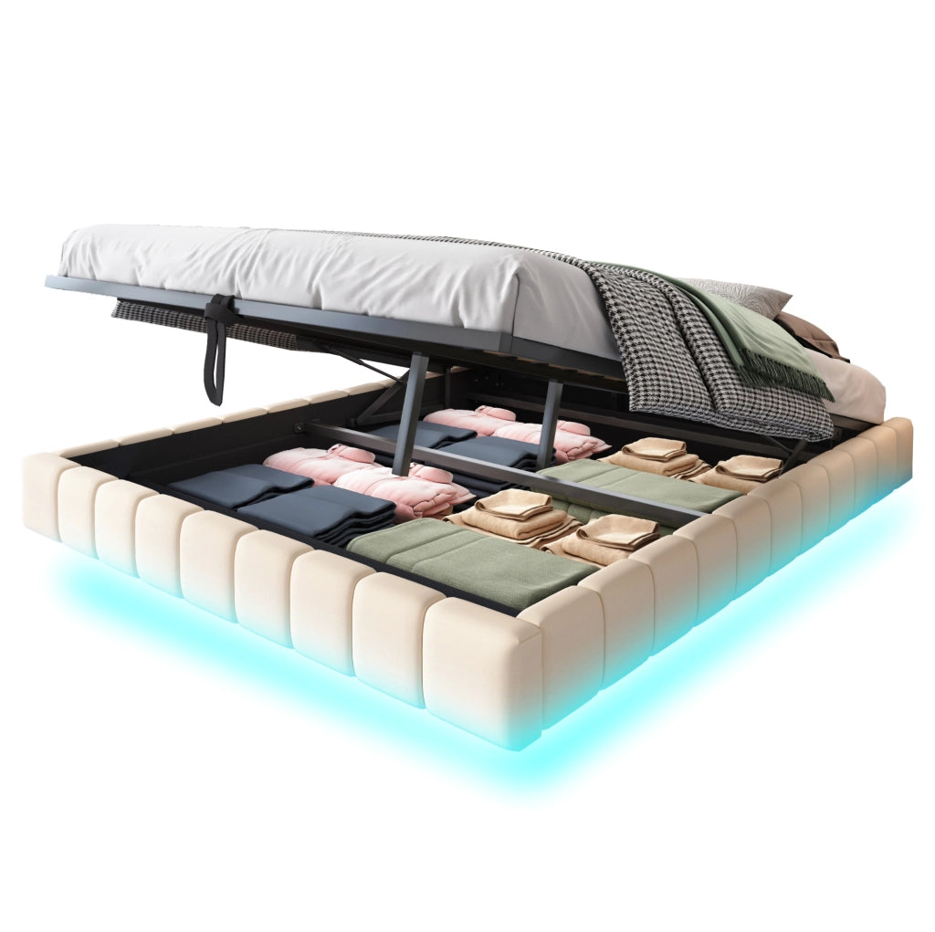 Letto imbottito sospeso 160x200 cm con contenitore e luci LED, beige