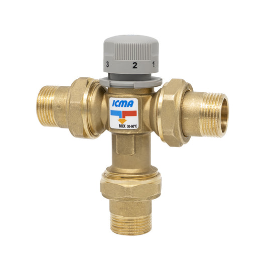 MISCELATORE TERMOSTATICO ANTISCOTTATURA PER IMPIANTI DI PRODUZIONE DI ACQUA CALDA AD USO IGIENICO SA - 1 - ATTACCHI CON BOCCHETTONE  - ICM