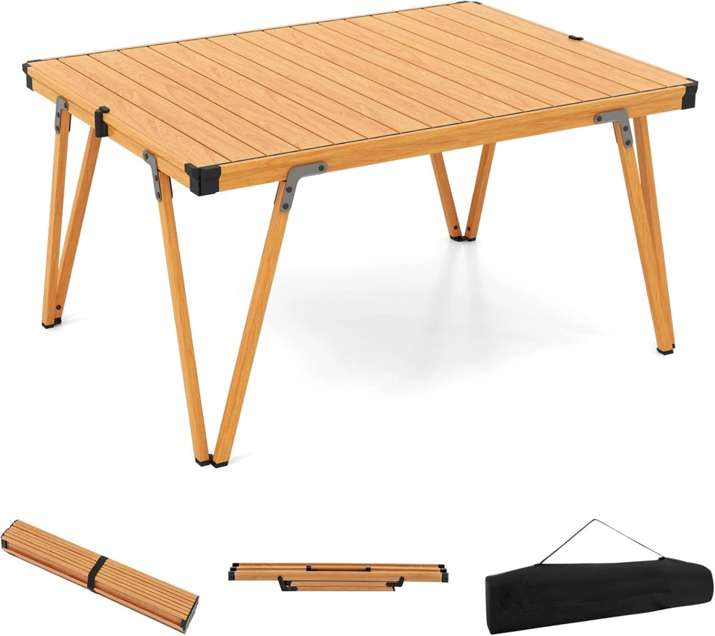 Tavolo da campeggio pieghevole in alluminio, 90 x 69 cm, tavolo portatile con borsa per il trasporto, carico fino a 80 kg, tavolino per picnic, BBQ, spiaggia, balcone (naturale)
