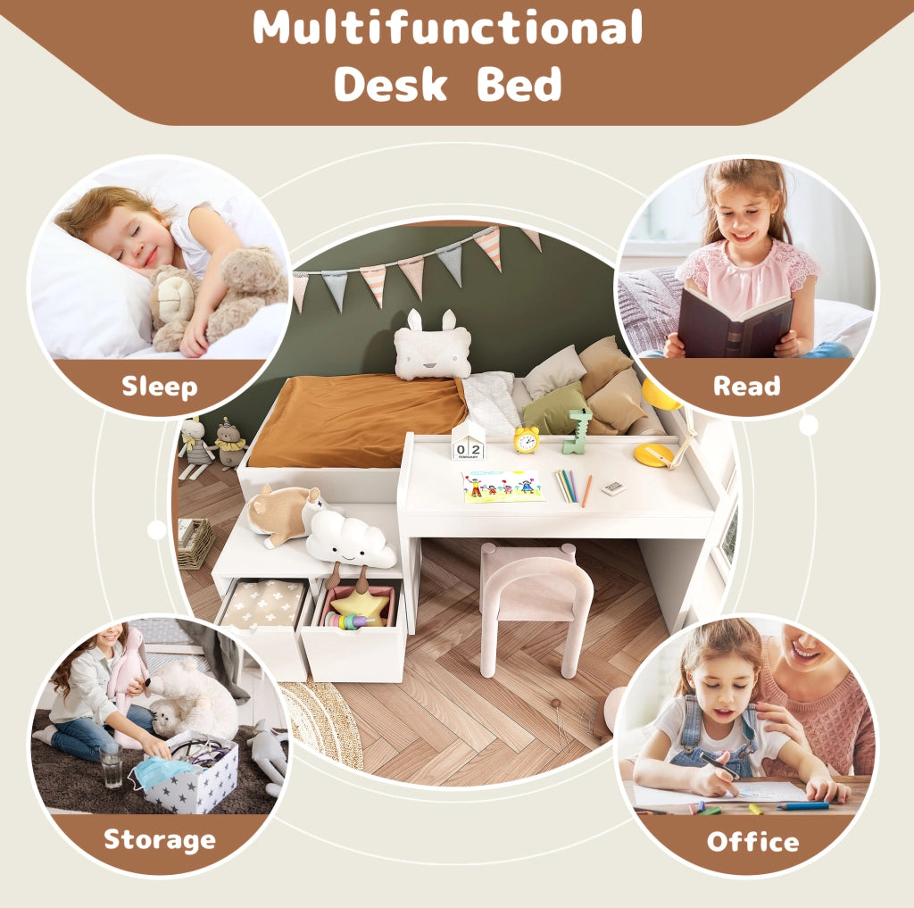 Lettino per bambini 90x200 cm con scrivania e 2 cassetti; in legno massiccio e MDF; bianco