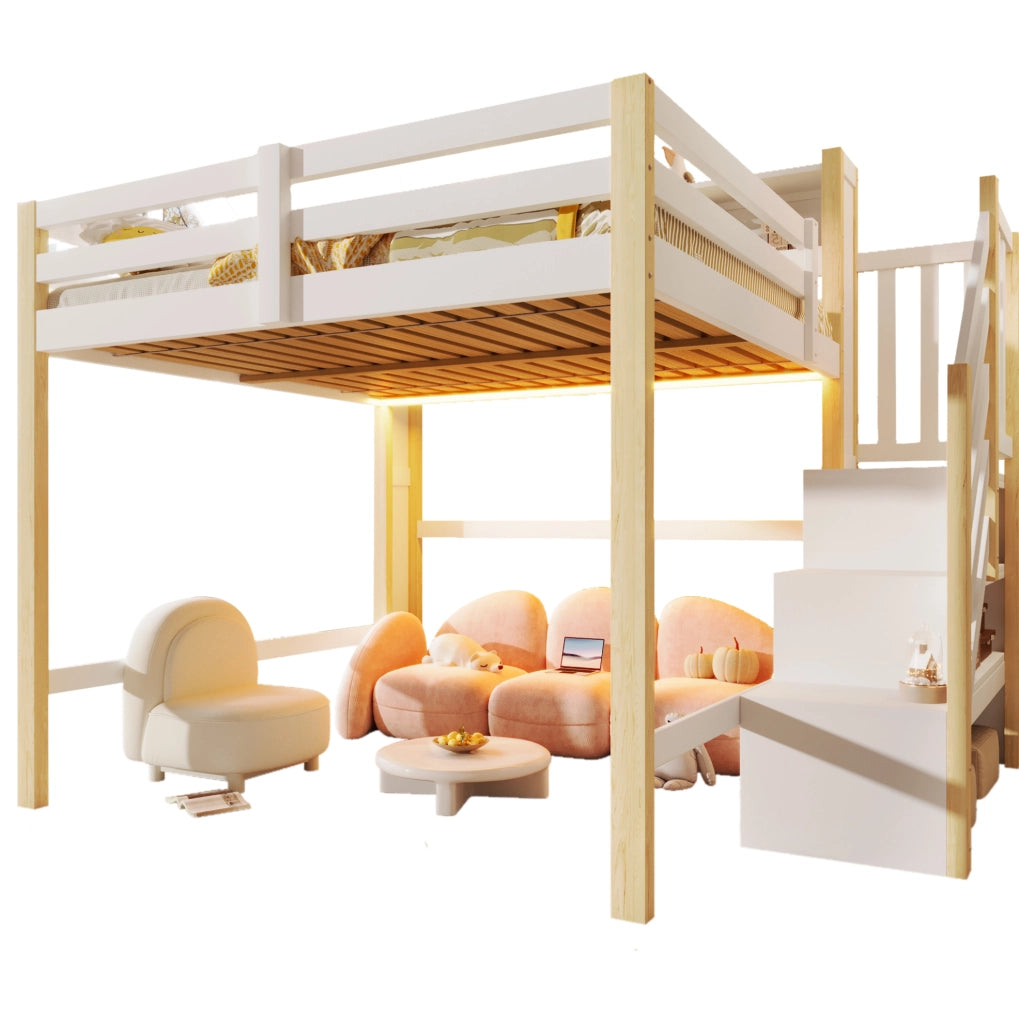 Letto a soppalco 140x200 cm con LED; scala contenitore e ringhiera; bianco e naturale