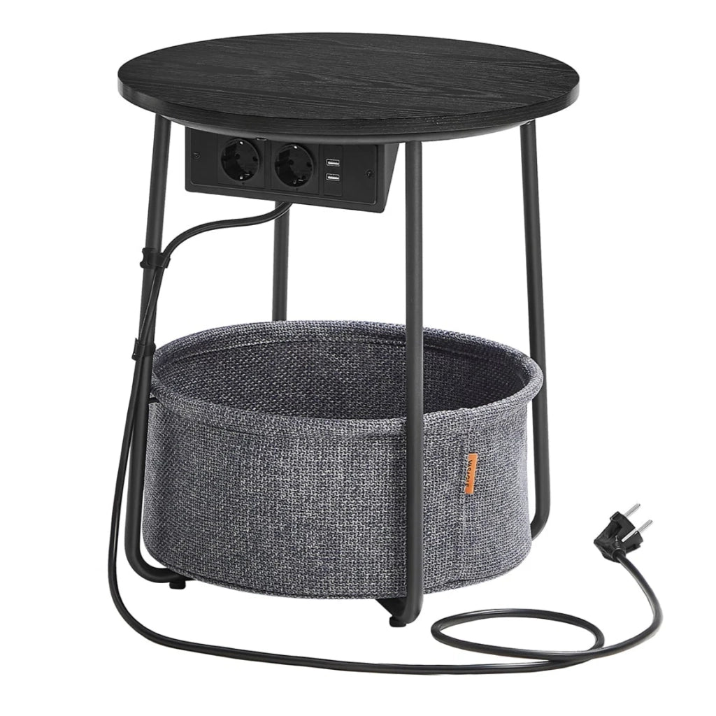 Tavolino rotondo piccolo 45 x 50 cm tavolino laterale con cestino portaoggetti in tessuto per soggiorno camera da letto comodino stile moderno nero 12_0006926