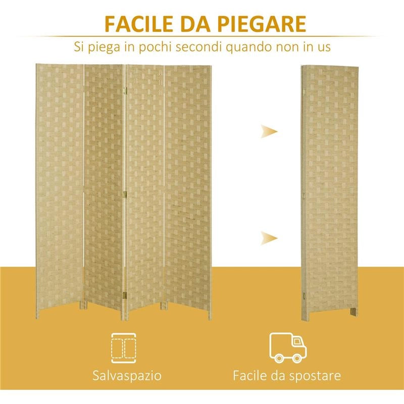 PARAVENTO PIEGHEVOLE  DA INTERNO A 4 ANTE IN LEGNO E BAMBÙ H 170 CM MARRONE