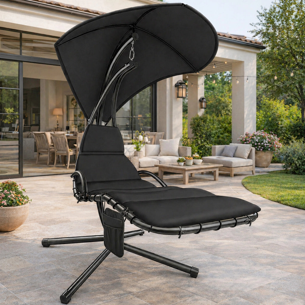 Sdraio A Sospensione Con Ombrellone Nero E Cuscino Ergonomico Amaca Da Giardino In Poliestere Resistente Per Arredamento Esterno Terrazzo Bordo Piscina Formato 195x132x197 Cm