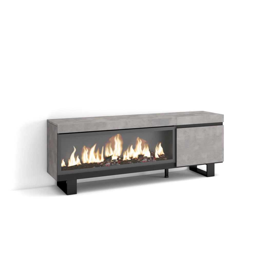 Mobile TV Soggiorno, 158x35x57cm, Per TV fino a 65", Camino elettrico XXL, Design industriale, grigio cemento RF3239