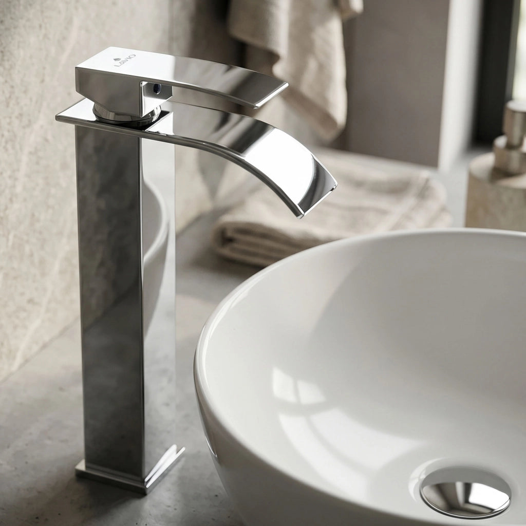Rubinetto lavabo alto a cascata cromato da appoggio miscelatore bagno EVIO