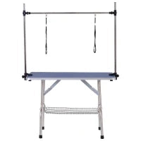 Tavolo da Toelettatura e Tosatura per 2 Cani, Regolabile e Antiscivolo, con Vassoio Porta Attrezzi, 107x60x170cm, Blu