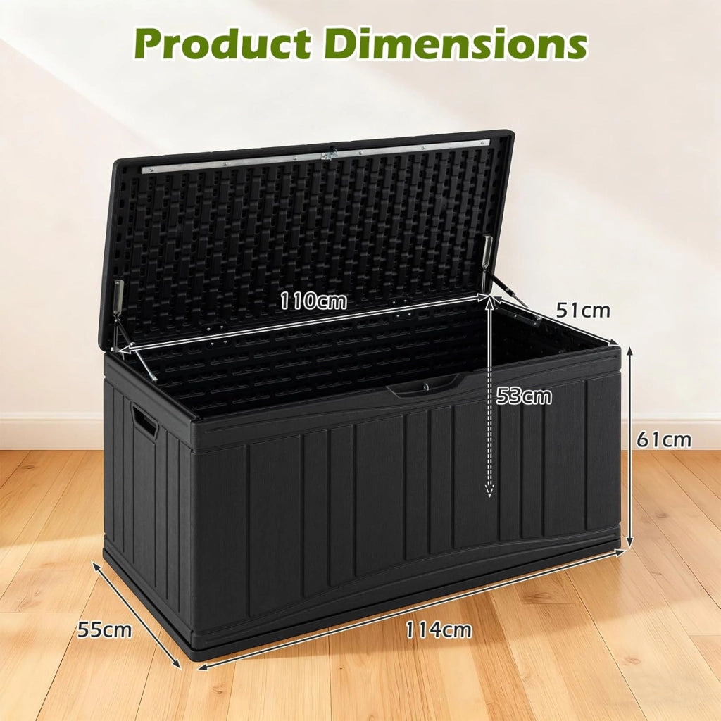 Scatola da giardino da 300 l, impermeabile con coperchio, contenitore per cuscini in plastica, contenitore XXL per cuscini, attrezzi da giardino e giocattoli per bambini (nero)