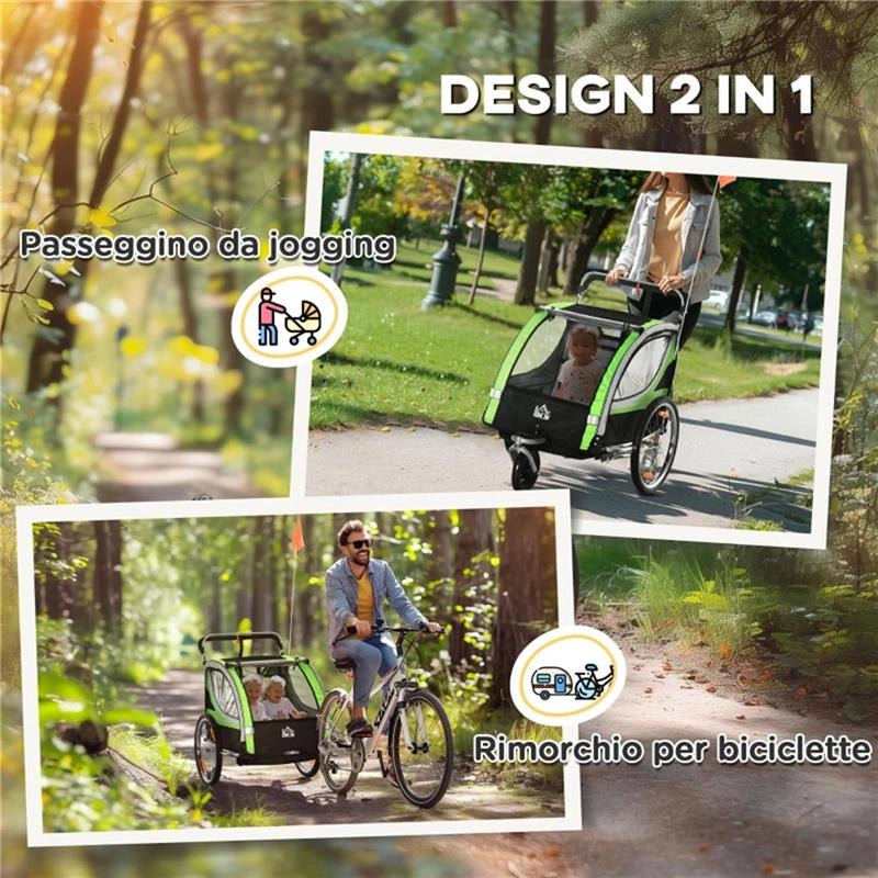 RIMORCHIO BICI PER BAMBINI E PASSEGGINO 2 IN 1 CON CINTURA, TASCHE E BANDIERINA, VERDE