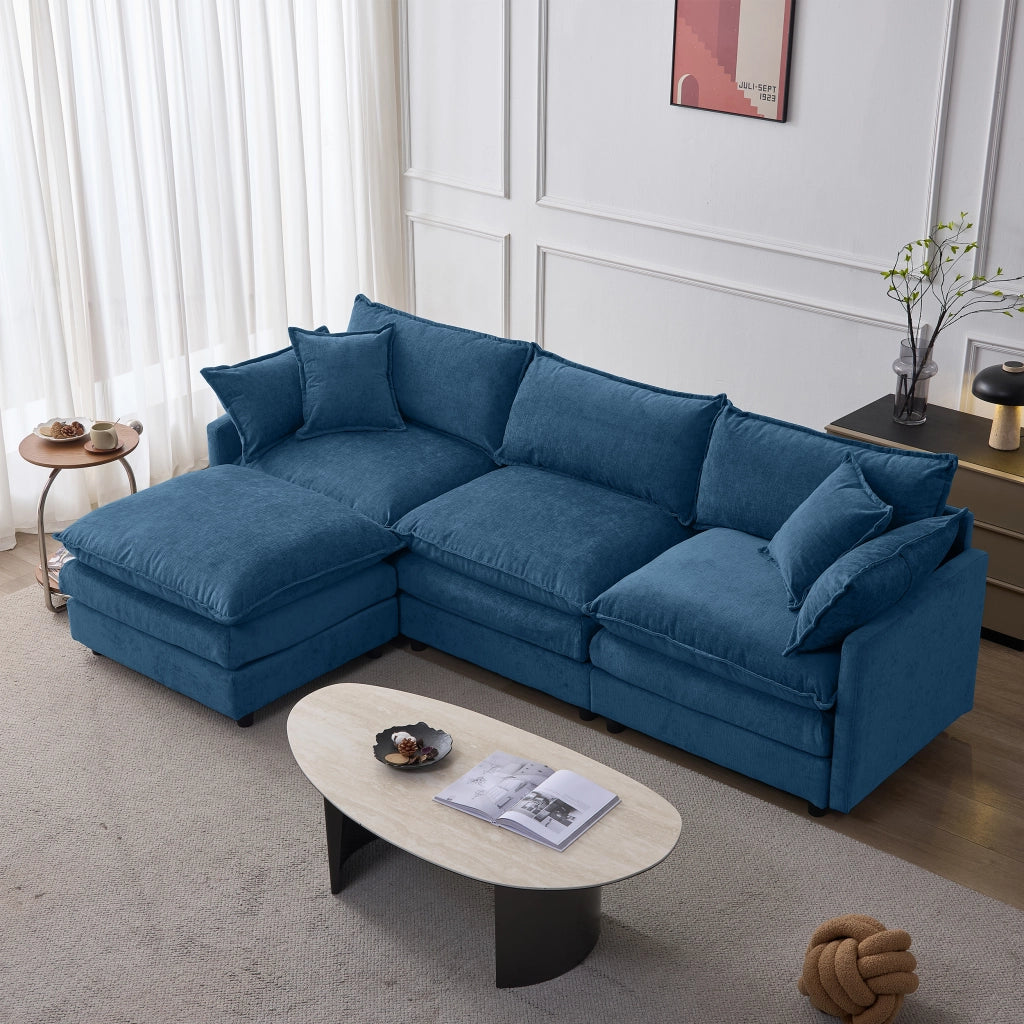 Divano modulare angolare a L con pouf mobile in chenille blu a 3 posti per soggiorno e lounge